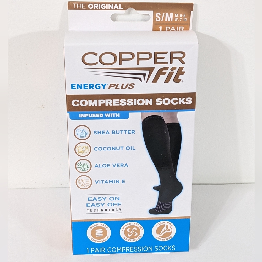 Copper Fit Energy Plus Unisex Compression Socks, Copper Infused, Size S/M, NEW